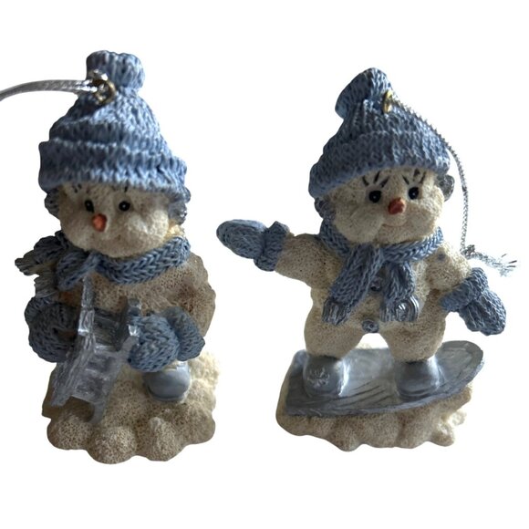 Vtg 1999 Encore Snow Buddies Snowboarding & Sledding Snowman Christmas Ornaments - Picture 1 of 5